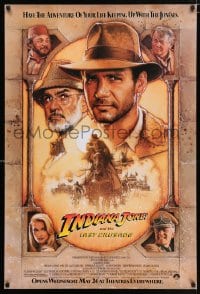 8k743 INDIANA JONES & THE LAST CRUSADE advance 1sh 1989 Ford/Connery over a brown background by Drew