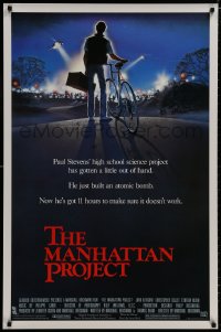 8k781 MANHATTAN PROJECT 1sh 1986 Marshall Brickman, John Lithgow, cool artwork of police vs. kid!