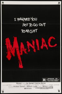 8k782 MANIAC 1sh 1980 William Lustig's grindhouse slasher, you were warned not to go out tonight!