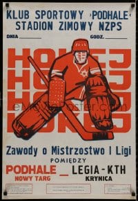 8k464 ZAWODY O MISTRZOSTWO I LIGI Polish 22x32 1970s hockey goalie in vintage goal tending gear!