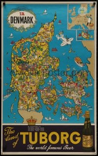 8k159 TUBORG BREWERY 25x39 Danish advertising poster 1950s Hakon Mielche art of map of Denmark!