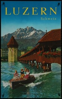 8k116 LUZERN SCHWEIZ 25x40 Swiss travel poster 1960s sexy women passing the Kapellbrucke bridge!