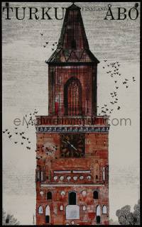 8k119 TURKU 24x39 Finnish travel poster 1977 art of the Turku Cathedral!