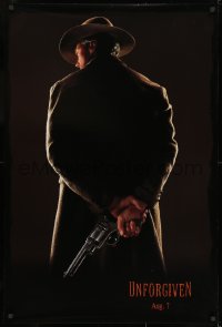 8k969 UNFORGIVEN teaser DS 1sh 1992 image of gunslinger Clint Eastwood w/back turned, dated design!