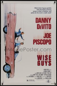 8k991 WISE GUYS 1sh 1986 wacky image of Danny DeVito & Joe Piscopo in pink Cadillac!