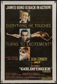 8m326 GOLDFINGER linen 1sh 1964 three great images of Sean Connery as James Bond 007!