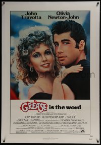 8m329 GREASE linen 1sh 1978 c/u of John Travolta & Olivia Newton-John in a most classic musical!