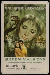 8m332 GREEN MANSIONS linen int'l 1sh 1959 art of Audrey Hepburn & Anthony Perkins by Joseph Smith!