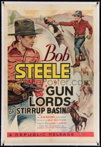 8m333 GUN LORDS OF STIRRUP BASIN linen 1sh 1937 art of cowboy Bob Steele w/gun & punching, rare!