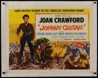 8m232 JOHNNY GUITAR linen 1/2sh 1954 art of Joan Crawford reaching for gun, Nicholas Ray classic!