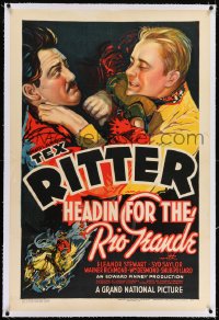 8m337 HEADIN' FOR THE RIO GRANDE linen 1sh 1936 stone litho art of Tex Ritter fighting bad & riding!