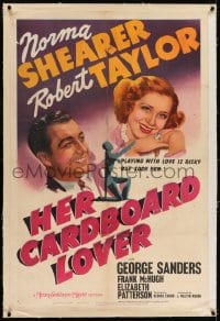 8m339 HER CARDBOARD LOVER linen style D 1sh 1942 art of Norma Shearer & Robert Taylor, ultra rare!