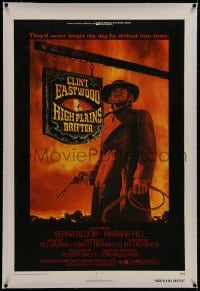 8m342 HIGH PLAINS DRIFTER linen 1sh 1973 classic Lesser art of Clint Eastwood holding gun & whip!