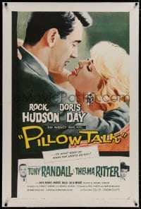 8m420 PILLOW TALK linen 1sh 1959 bachelor Rock Hudson loves pretty career girl Doris Day, cool art!