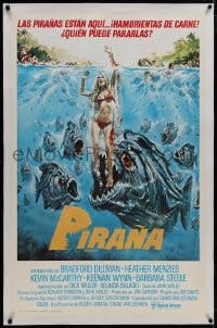 8m242 PIRANHA trimmed Spanish 1-stop 1978 different Larkin art of man-eating fish & sexy girl!