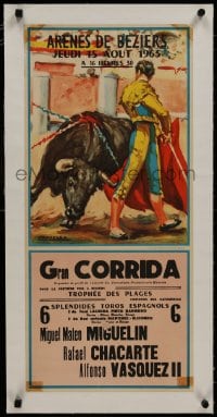 8m179 GRAN CORRIDA linen 13x28 Spanish special poster 1963 Jaavedra art of matador fighting bull!