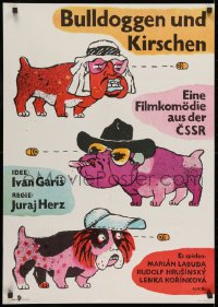 8t740 BULLDOGS & CHERRIES East German 23x32 1982 completely different art of wacky dogs!