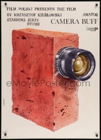 8t496 CAMERA BUFF export Polish 27x38 1979 wonderful art of brick movie camera by Andrzej Pagowski!