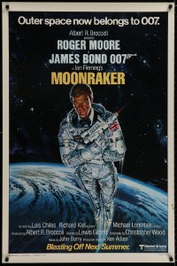 8w606 MOONRAKER style A advance 1sh 1979 art of Roger Moore as Bond blasting off in space by Goozee!