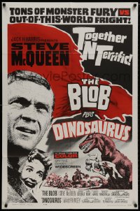 8z098 BLOB/DINOSAURUS 1sh 1964 great close up of Steve McQueen, plus art of T-Rex w/girl!