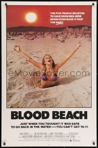 8z103 BLOOD BEACH 1sh 1981 Jaws parody tagline, image of sexy girl in bikini sinking in sand!