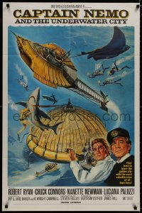 8z149 CAPTAIN NEMO & THE UNDERWATER CITY 1sh 1970 artwork of cast, scuba divers & cool ship