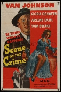 8z762 SCENE OF THE CRIME 1sh 1949 art of Van Johnson pointing gun, sexy Gloria DeHaven!