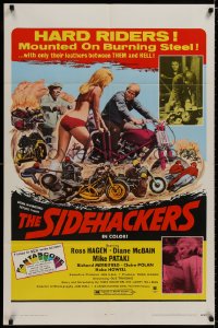 8z789 SIDEHACKERS 1sh 1969 bikers mounted on burning steel, sexy girl in bikini!