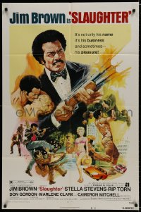 8z796 SLAUGHTER 1sh 1972 AIP, G. Akimoto artwork of shotgun-blasting Jim Brown & sexy girl!