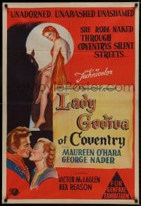 9c431 LADY GODIVA Aust 1sh 1955 artwork of super sexy naked Maureen O'Hara on horseback!