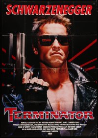 9c279 TERMINATOR German 33x47 1985 close up of classic cyborg Arnold Schwarzenegger with gun!