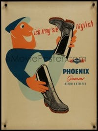 9g356 PHOENIX 24x32 German advertising poster 1950s great art of worker admiring his boot soles!