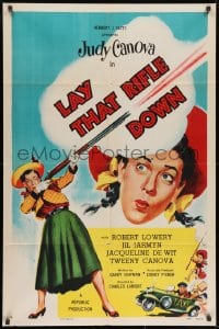 9p498 LAY THAT RIFLE DOWN 1sh 1955 great wacky artwork of screwball Judy Canova firing big gun!