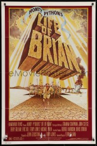 9p507 LIFE OF BRIAN 1sh 1979 Monty Python, great wacky artwork of Chapman running from mob!