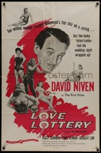 9p529 LOVE LOTTERY 1sh 1956 wacky David Niven on strings, Peggy Cummins, Anne Vernon!