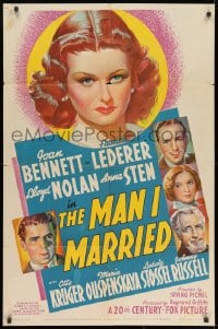 9p548 MAN I MARRIED 1sh 1940 art of Joan Bennett, Lloyd Nolan & Maria Ouspenskaya!