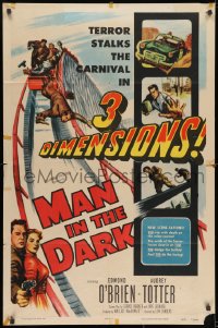 9p549 MAN IN THE DARK 3D 1sh 1953 really cool art of men fighting on rollercoaster!