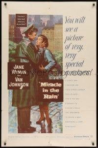 9p570 MIRACLE IN THE RAIN 1sh 1956 great romantic art of Jane Wyman & Van Johnson!