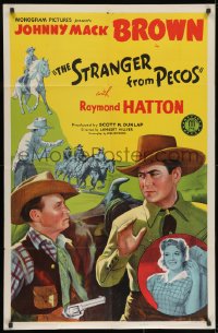 9p821 STRANGER FROM PECOS 1sh 1943 art of cowboy Johnny Mack Brown on horseback & close up!