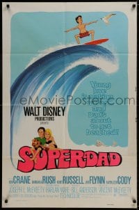 9p831 SUPERDAD 1sh 1974 Walt Disney, wacky art of surfing Bob Crane & Kurt Russell w/guitar!