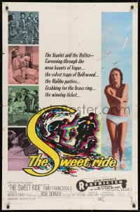 9p836 SWEET RIDE 1sh 1968 1st Jacqueline Bisset standing topless in bikini, cool surfing art!