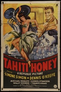 9p843 TAHITI HONEY 1sh 1943 sexy artwork of dancing Simone Simon in wild outfit w/ band!