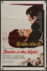 9p859 TENDER IS THE NIGHT 1sh 1961 romantic c/u of Jennifer Jones & Jason Robards Jr. in Paris!