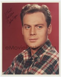 9r714 JOHN AGAR signed color 8x10 REPRO still 1980s head & shoulders portrait in plaid shirt!