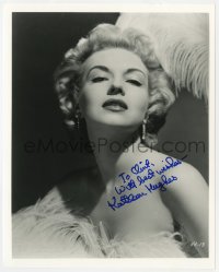 9r907 KATHLEEN HUGHES signed 8x10 REPRO still 1980s sexy close up in feathered showgirl outfit!