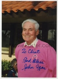 9r649 JOHN AGAR signed 4x5 color photo 1980s great smiling portrait late in his career!