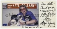 9r119 KAYE BALLARD signed 4x8 greeting card 1990s with her adorable puppy family!