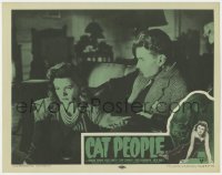 9y335 CAT PEOPLE LC R1957 Jacques Tourneur, c/u of sexy dangerous Simone Simon with Kent Smith!