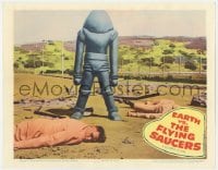 9y426 EARTH VS. THE FLYING SAUCERS LC 1956 cool image of alien robot standing over dead men!