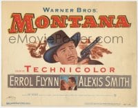 9y123 MONTANA TC 1950 c/u of cowboy Errol Flynn w/gun + kissing pretty Alexis Smith!